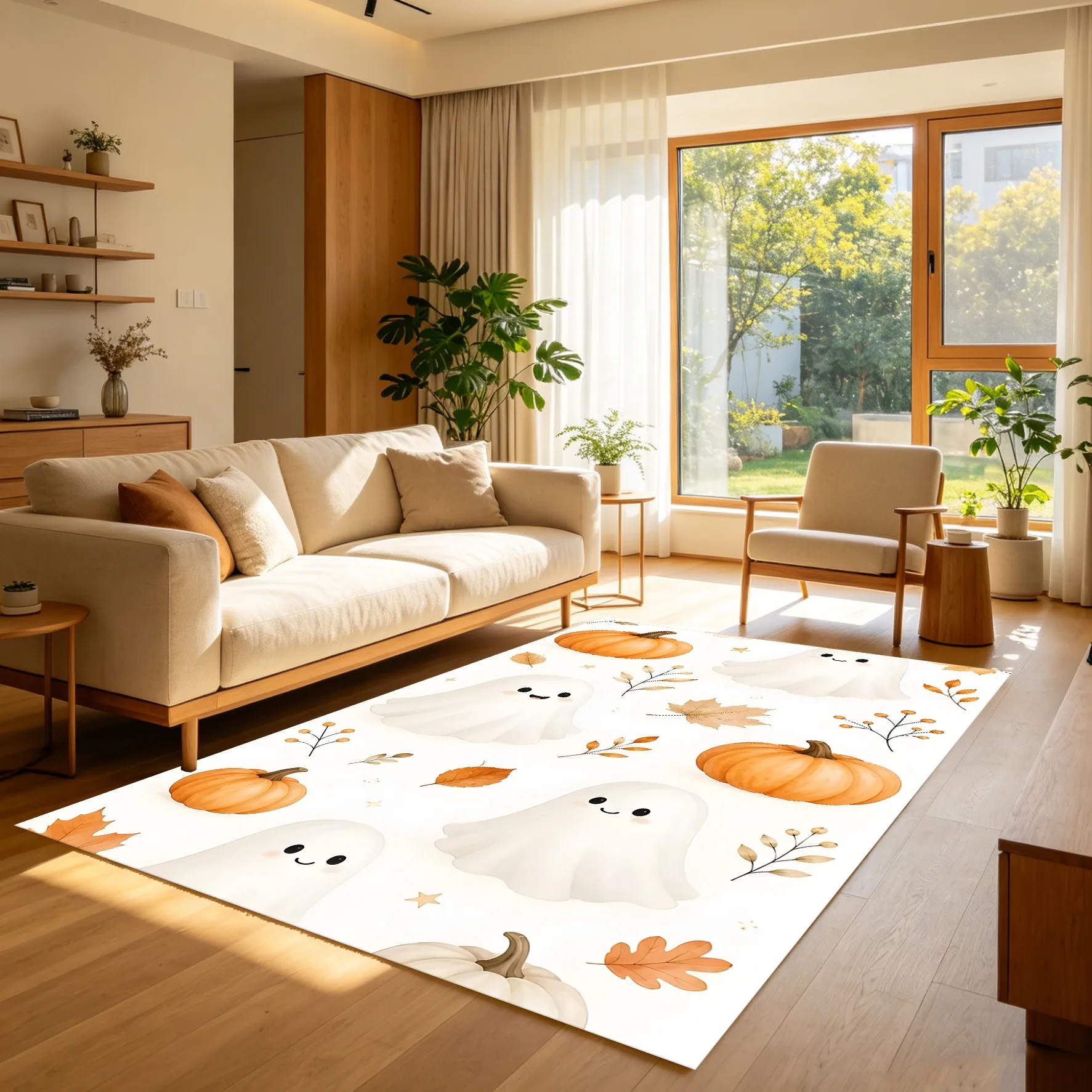 2D Large Rug Cute Ghost Pumpkin Autumn Leaf Prints Soothing Watercolor Style Soft Fresh Creating Warm Lovely Halloween Atmosphere