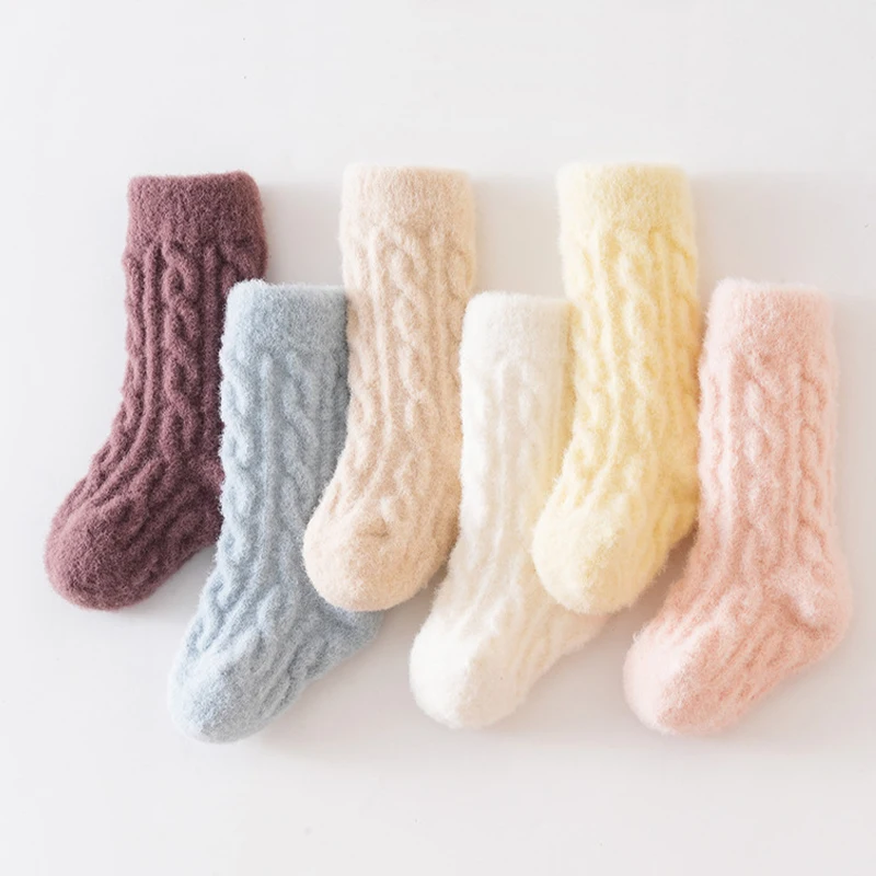 Winter Baby Mid-Tube Socks Fleece Thick Newborn Socks Warm Soft Solid Color Toddler Socks