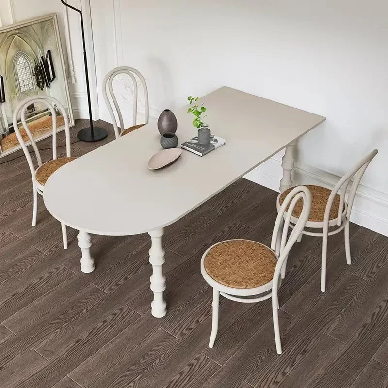 Nordic vintage solid wood dining table cream style household dining table oval workbench antique small apartment semicircle agai