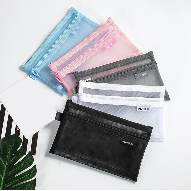 1PCS Transparent Makeup Bag Mesh Zipper Cosmetic Bag for Women Student Stationery Pencil Case Clear Make Up Coin Storage Bags