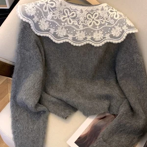 Feminino cinza peter pan colarinho renda cardigan camisola harajuku y2k mangas compridas blusas de caxemira jumper vintage 2000s roupas 2024 10 principais vendas sueter gola peter pan - №4