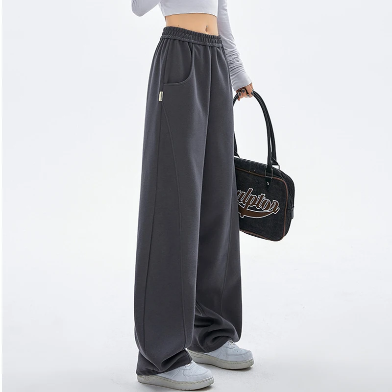 السراويل الرياضية الأمريكية مرونة الخصر للنساء الخريف الشتاء فضفاضة عالية الخصر بنطال ذو قصة أرجل واسعة امرأة جيوب الصلبة بنطلون سيدة