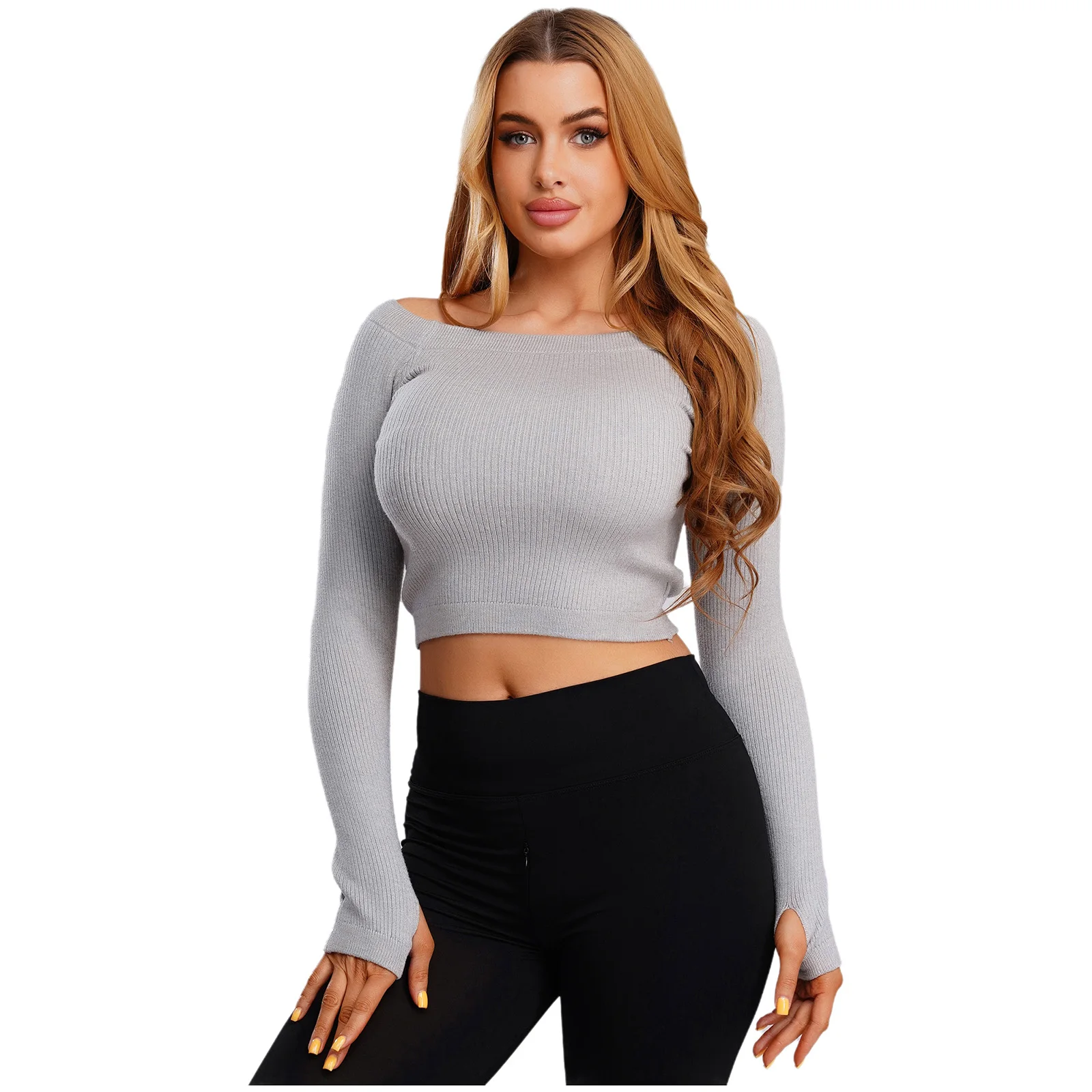 

Women Basic Tops Ballet Sweater Crop Shirts Long Sleeve with Thumb Hole Ribbed Thicken Knitted Cropped Top for Dance Costume
