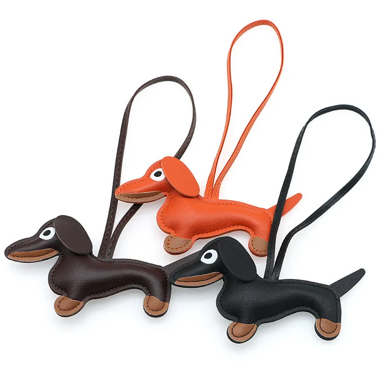 Car Dachshund Dog Keychain Fashion PU Leather Dog Keychains For Women Bag Pendant Jewelry Trinket Key Ring Key Holder Gift