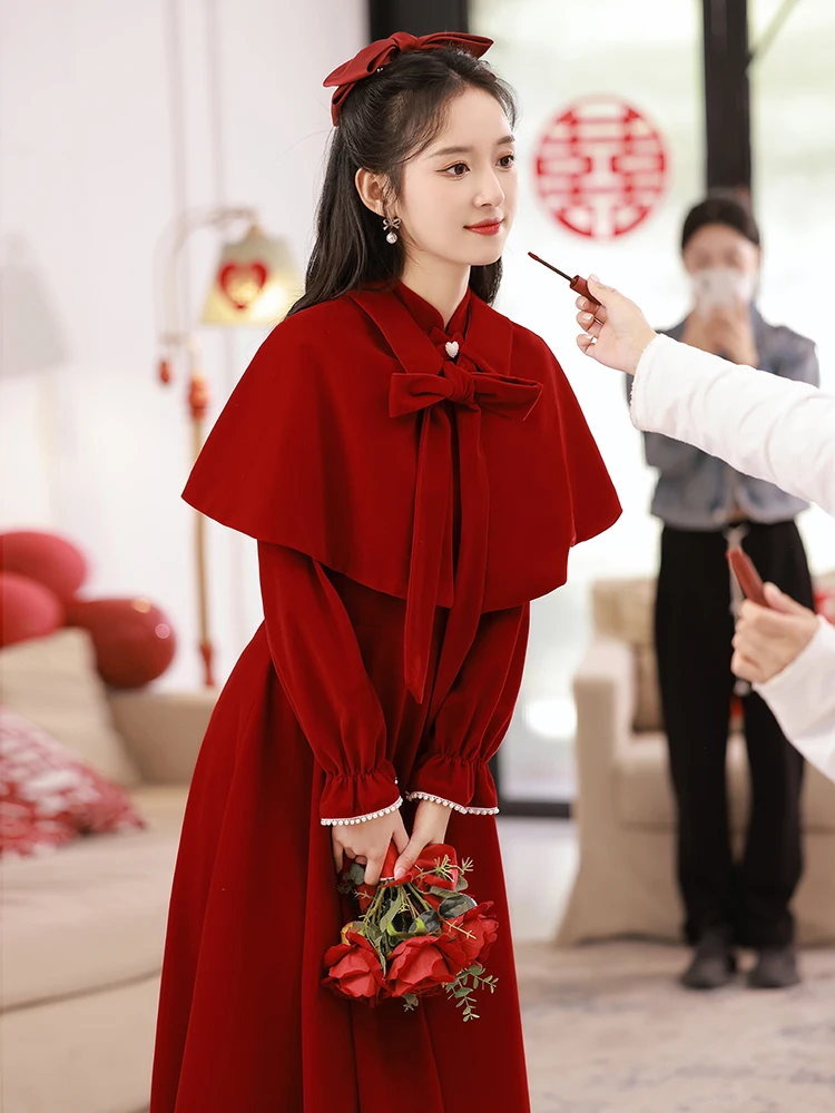 

Ele Red Wedding Dr Long Sve Bridal Gown for Women Winter Wedding Ceremony Evening Gown Floor-Length Vintage Sle