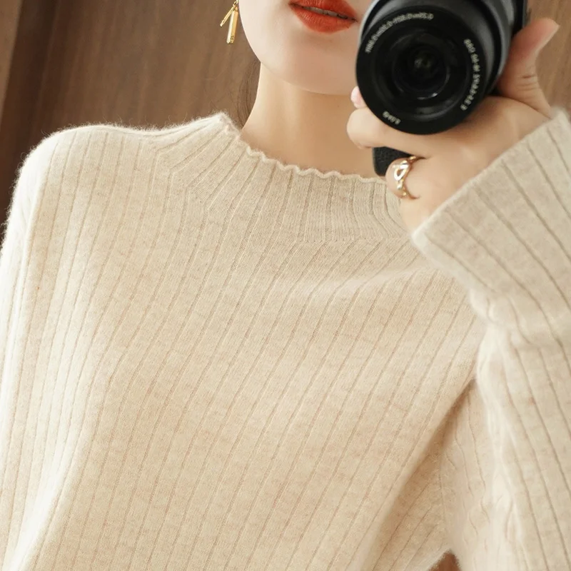 

Sli Ruffle Collar f High Ne Knitted Long Sve mid Ne Sweater Women Spring Autumn Winter Slim Fit Le Collar Bas...