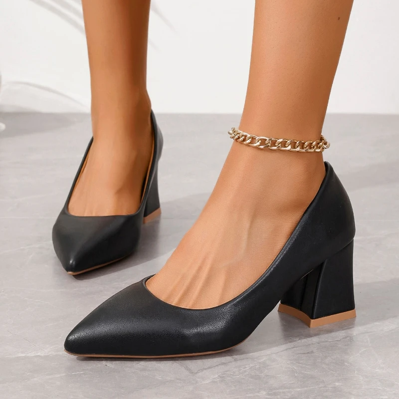 

Весна-Осень 2023, модные туфли-лодочки на мягком кожаном каблуке, туфли с острым носком, женские туфли без шнуровки на квадратном каблуке