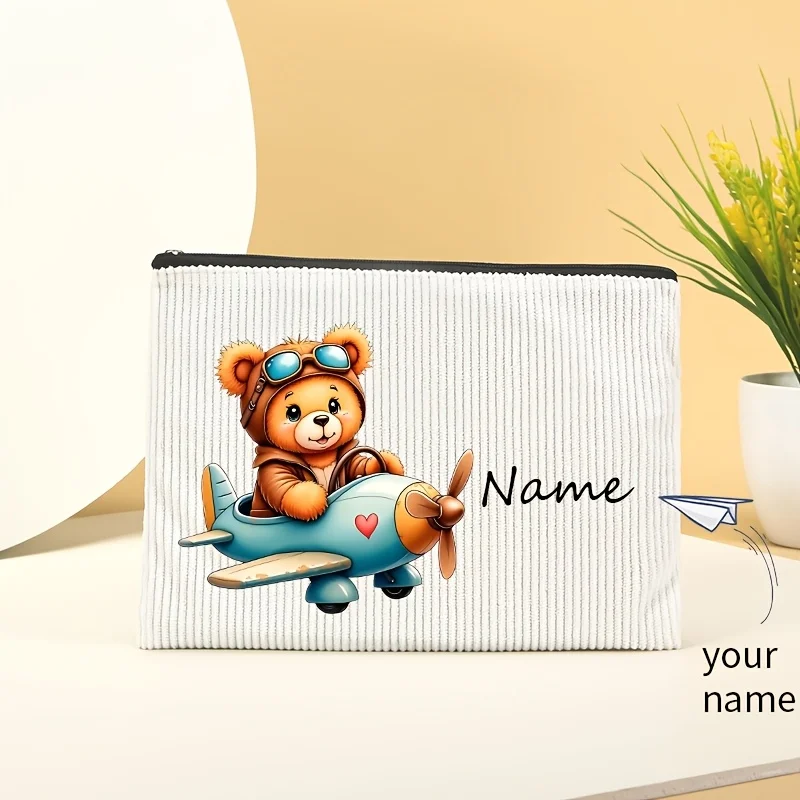 Personalized Name Pilot Teddy Bear Cosmetic Pouch Corduroy Custom Print Travel Makeup Storage Zipper Bag Cute Birthday Gift