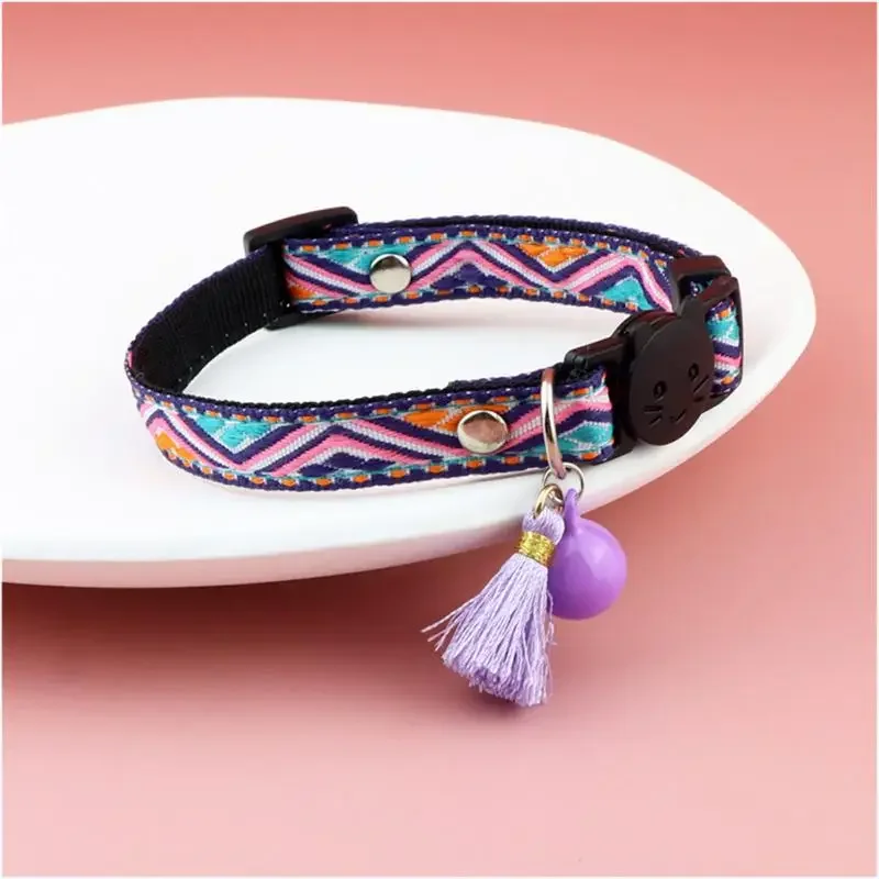 Pet Supplies Cat Collar Anti-choking Collar Cat Face Buckle Ethnic Jacquard Cat Collar with Bell Adjustable Safety Necklace