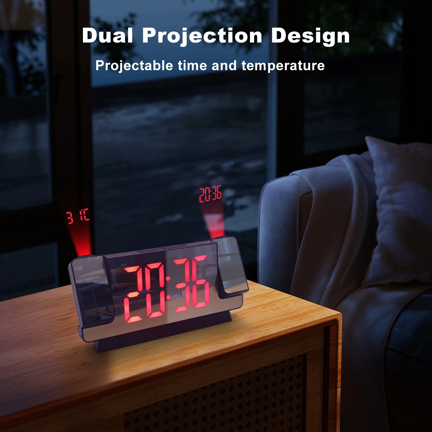 DIGITAL DUAL PROJECTION ALARM CLOCK FOR BEDROOM - Large LED display, 2*180° rotatable projector, loud alarm , 12/24H