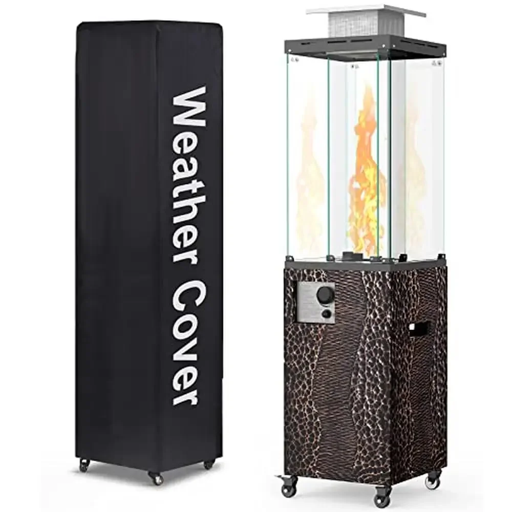 Outdoor Patio Heater 56'' Propane Heater with Wheels Metal Hood Weather Cover 201 Double Tempered Glass 41000 BTU Gas Fireplace