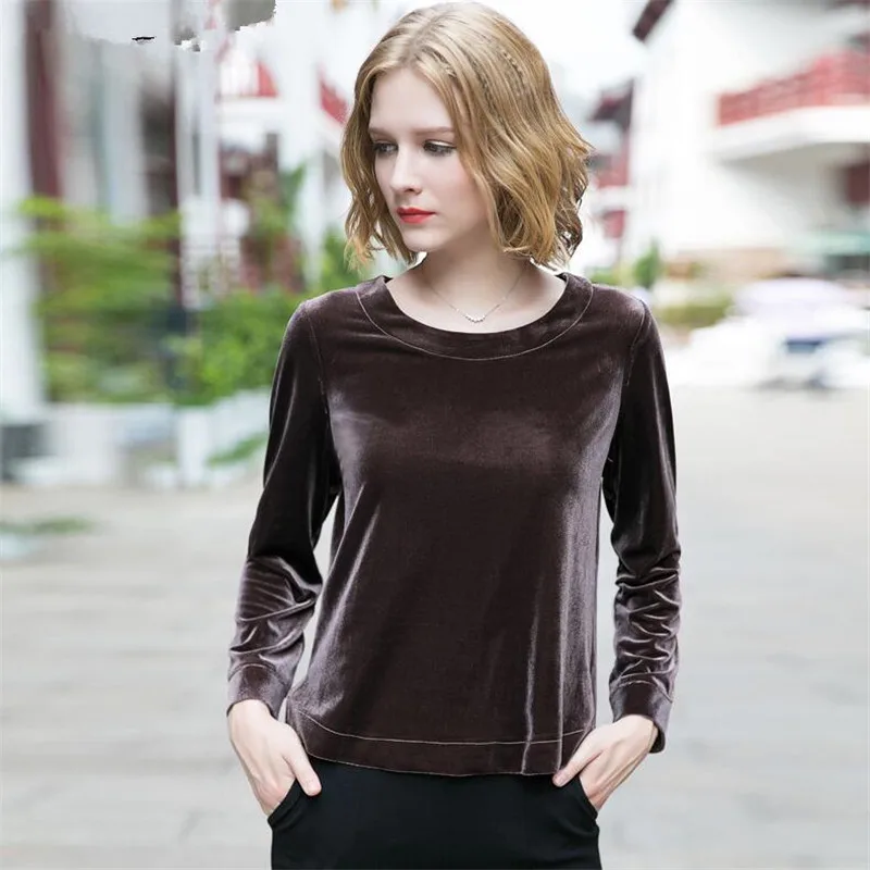 Women Full Sleeves Gold Velvet Tops Fashion 2024 Spring Autunm Casual O-neck Top Slim Loose Velour Shirt Female Pullovers