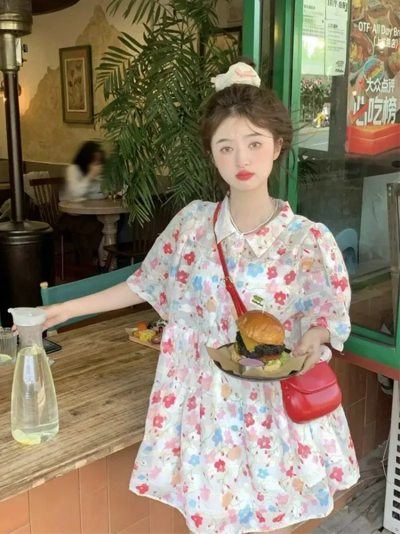 夏の新甘い花柄ドレス女性の韓国のファッションプラスサイズルーズフリルエッジかわいい Y2k ドレス女性のための