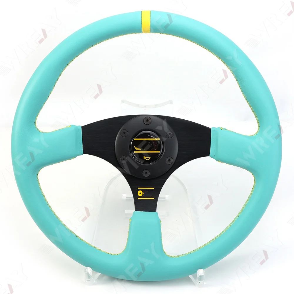 

JDM 14 дюймов 340 мм рулевые колеса Tiffany Green кожаный плоский кронштейн рулевое колесо с желтой строчкой