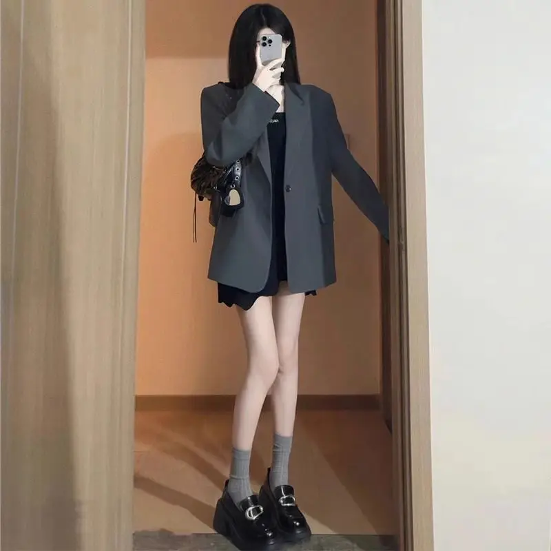 

Long Blazers Woman Decoration Double Oversize Student Fashionable Slim Fit Seven Quarter Rolled Shoulder Pads Ins Tops Womens