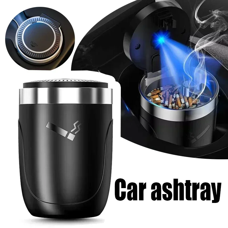 

NEW Car Ashtray With LED Light Universal Alloy Ash Tray Aluminum Cup Smokeless Auto Ashtray Flame Retardant Cigarette Holder Box