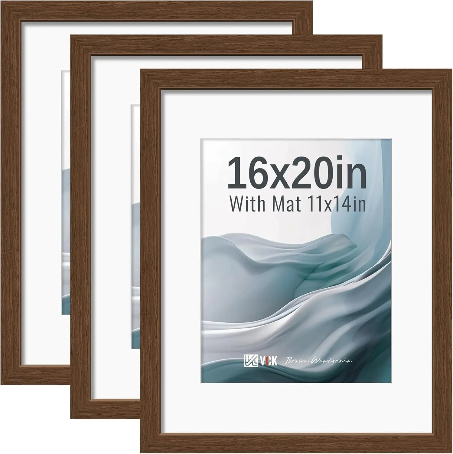 

16x20 Picture Frames Brown 3 Pack, Wide Border Wood, Tempered Glass, Display 11x14 Photo with Mat or 16 x 20 without, for