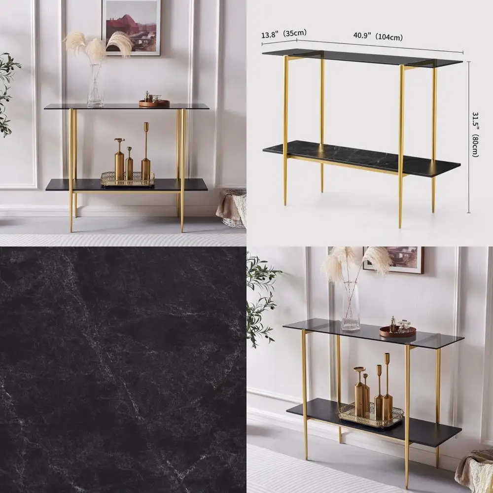 

Журнальный столик в стиле Mid-Century Modern с двумя стеклянными ярусами, серым стеклом и вставками из черного мрамора на деревянной полке с золотыми акцентами