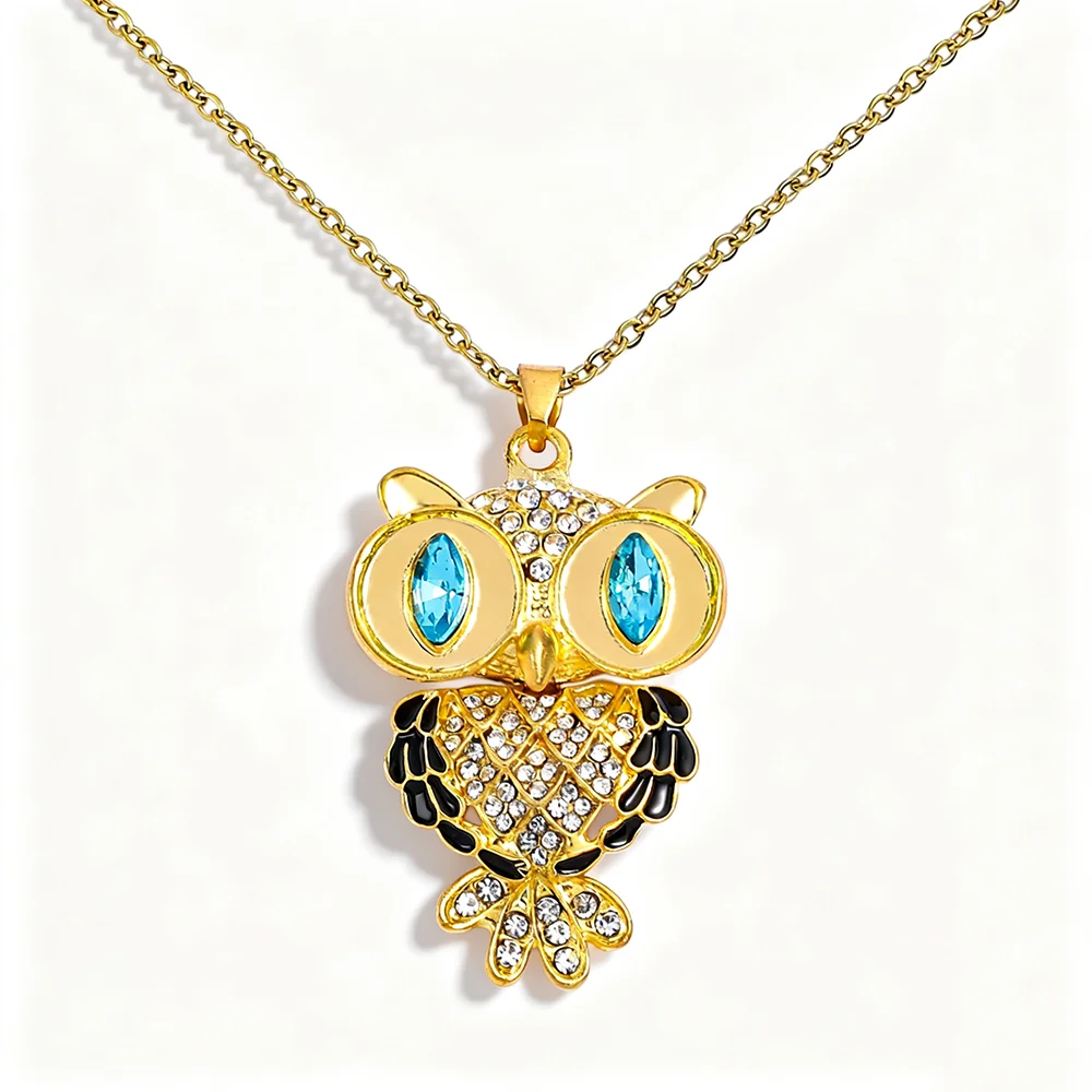 Women's Rhinestone Owl Necklace Gold Plated Blue Crystal Eyes Enamel Bird Pendant Necklace Fashion Animal Jewelry