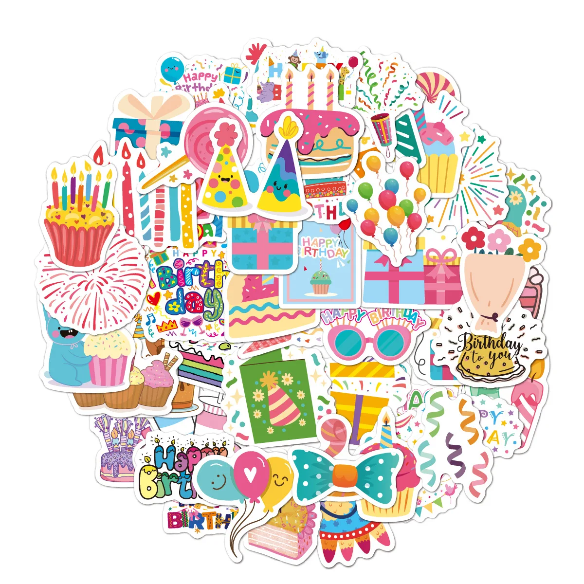 50pcs/pack Happy Birthday Stickers for Water Bottle Decor Cake Birthday Vinyl Stickers for Party Gifts Bags Box Envelope Kids