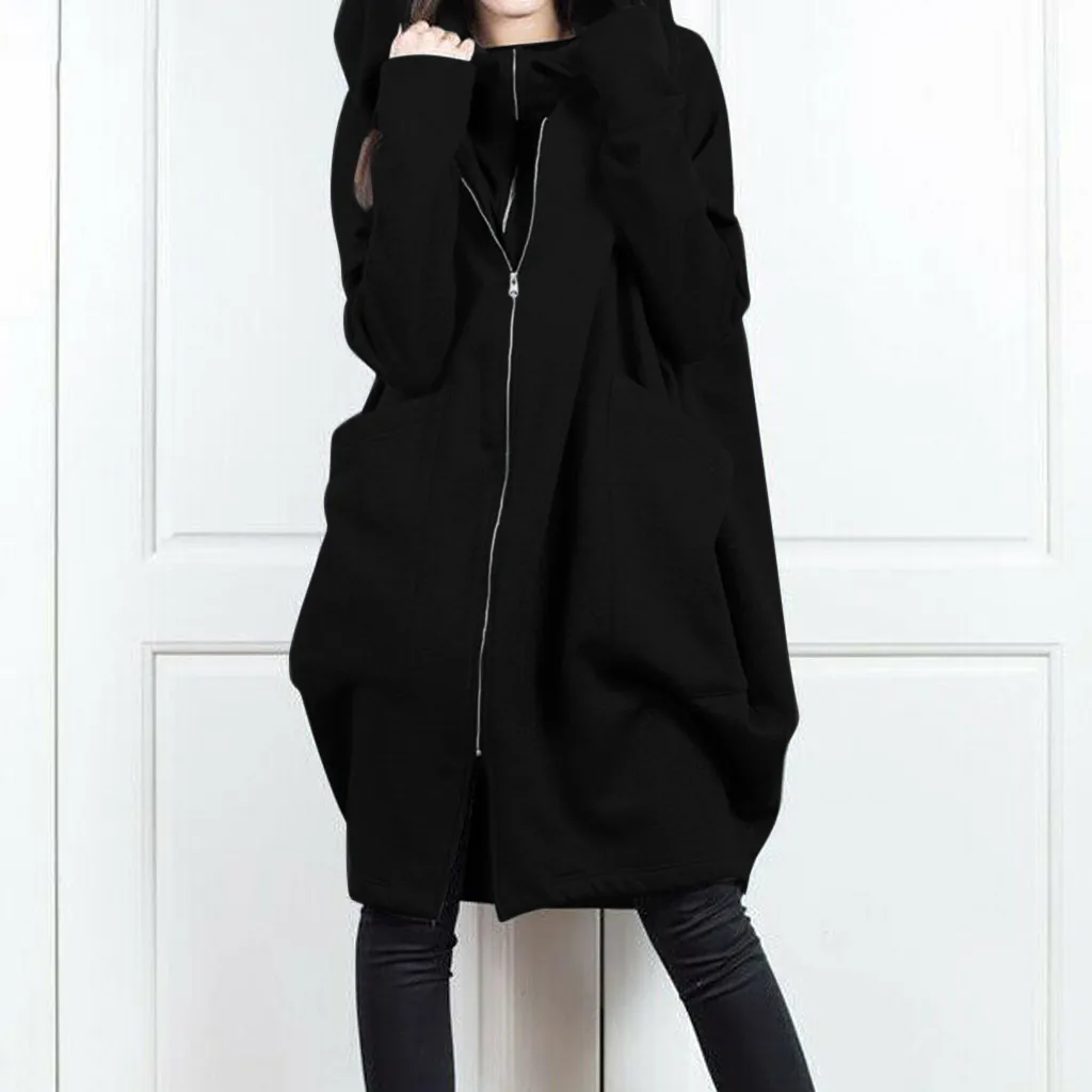 Damen-Kapuzenpullover mit Taschen, Reißverschluss, mittellanger, lockerer Mantel, zweiteiliger Look, lässige Oberbekleidung – Detail 3