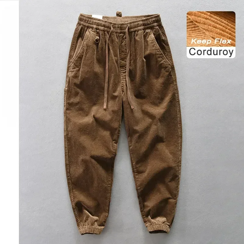 

Autumn Winter New Men Vintage Corduroy Casual Trousers Keep Flex Heavyweight Soft Cotton Loose Wide-legged Pocket