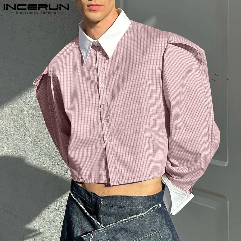 Fashion Casual Style Tops INCERUN Men's Plaid Contrast Color Design Solid Lapel Shirts Handsome Male Cropped Long Sleeved Blouse