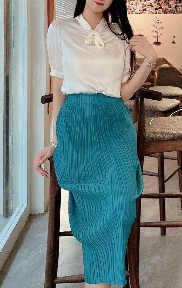 

Korean Sle Pleated Skirt Fem Split Elastic mid Waist PVC Fabric Ciwalk Suitable Polyester Fiber 00% Silk Glossy Batwi...