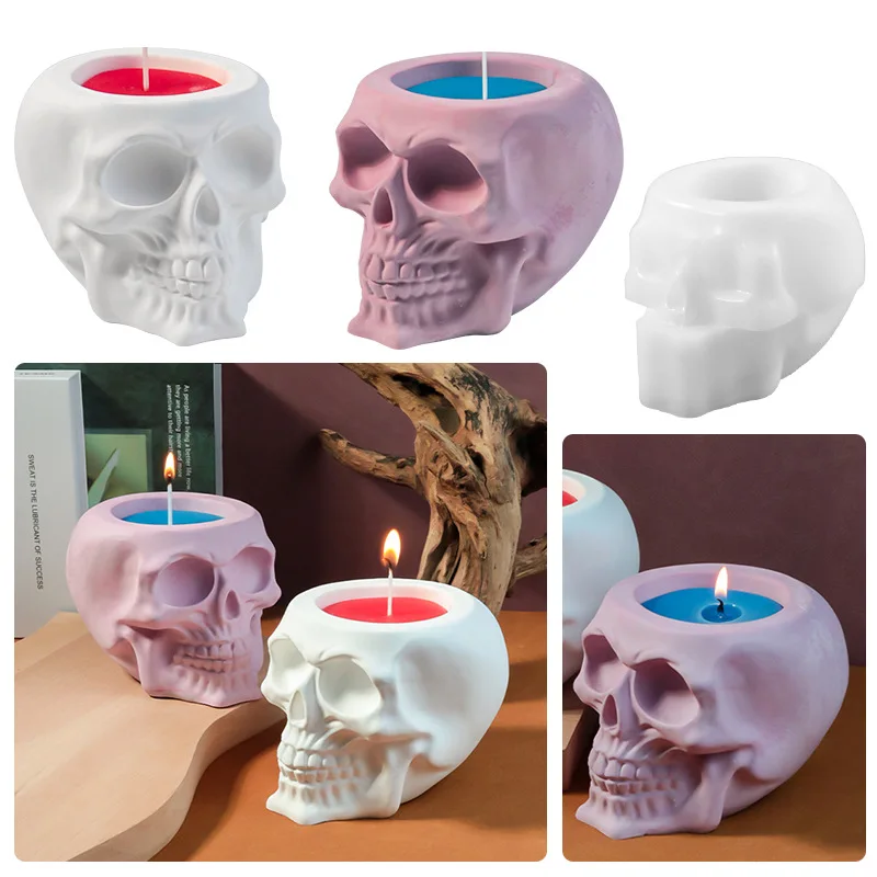 Halloween Epoxy Mold Skull Candle Cup Silicone Mold Plaster Skull Candlestick Storage Box Mold