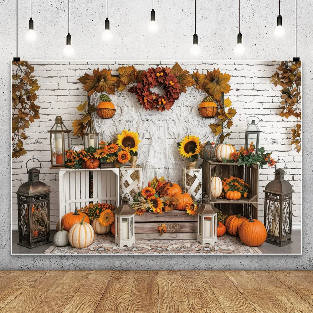 Autumn Thanksgiving Photography Backdrop Fall Barn Wooden Door Harvest Background Pumpkin Baby Shower Portrait Photographic Prop