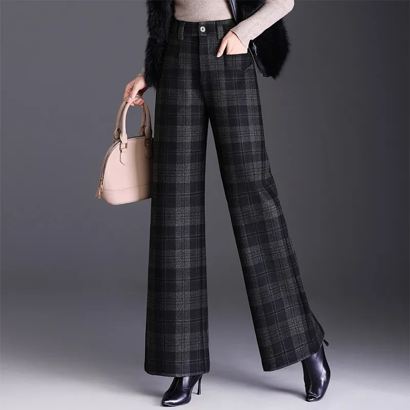 

Женские шерстяные брюки с высокой талией, прямые, в клетку, широкие, осенне-зимние, новые, повседневные, стройнящие, для женщин