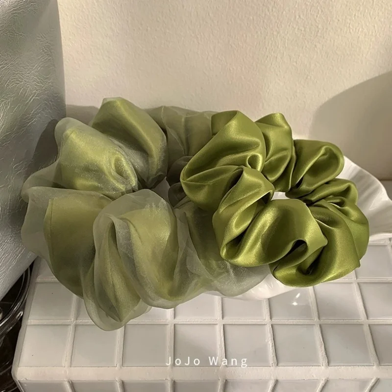 

Fresh Avocado Green Satin And Tulle Scrunchies Set Double Layer Sheer And Solid Hair Ties For Women Soft Elastic Ponytail Holder