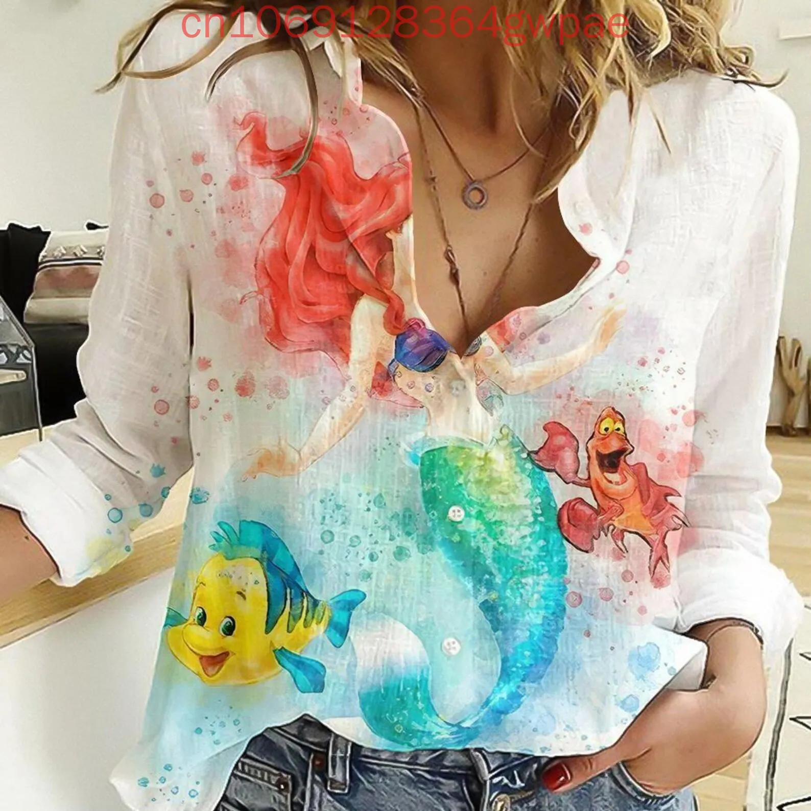 

Disney Princess Ariel Women's Blouses Shirt Casual Long Sleeve Shirt The Little Mermaid Summer Stylish Elegant Women Shirts Tops