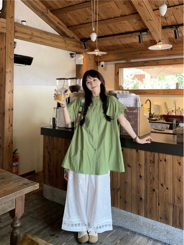 

Casual Japanese Style Women's Short Sleeve Shirt Summer 2026 New Single Button Loose Slimming Pleated Top Green Color