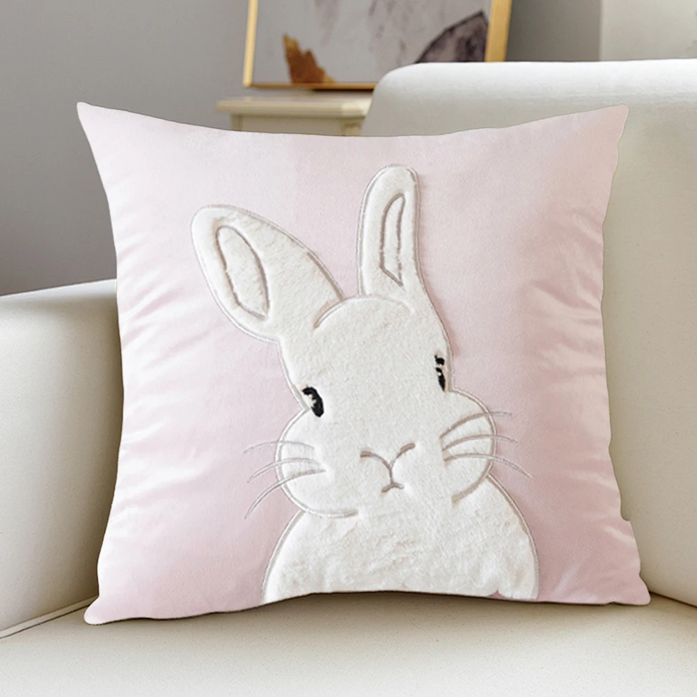 

2Pcs Easter Bunny Soft Cushion Case 45x45cm Plush Rabbit Embroidered Pillowcase Rabbit Pattern Decorative Throw Pillowcase