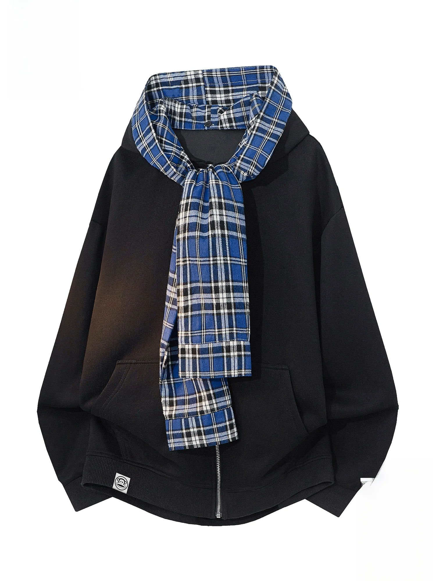 

PaulFrank Monkey Double Layer Hoodie Fake Two-Piece Sweatirt Men's Spring Trendy Brand Street Sle Plaid Casual Long Sve