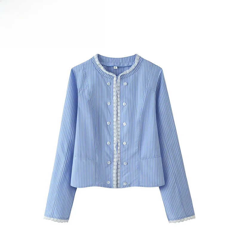 Fashionable Versatile Striped Lace Decorated Jacket ZR Autumn New Arrival Women's Short Outerwear Standard Fit Polyester