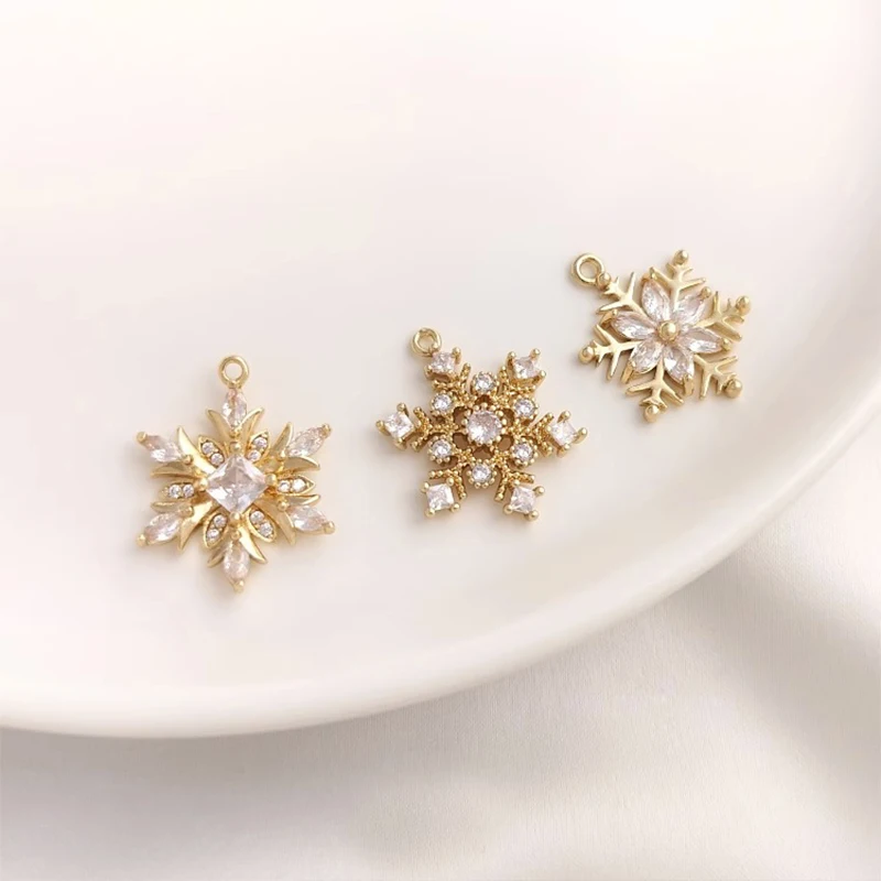 

14k Gold Plated CZ Paved Snowflake Charm Pendant for Earring Necklace Jewelry Making Supply Long necklace