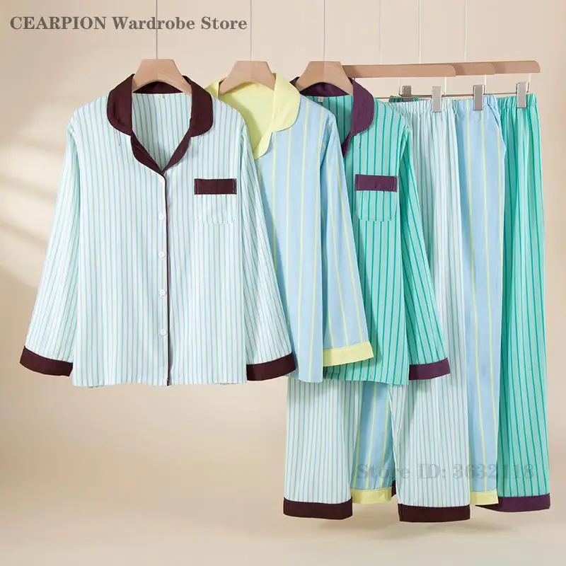 

New Women Pajamas Set Loungewear Spring Autumn Long Sleeved Stripes Top&Trouser Pyjamas Suit Cotton Home Clothes Lady Sleepwear