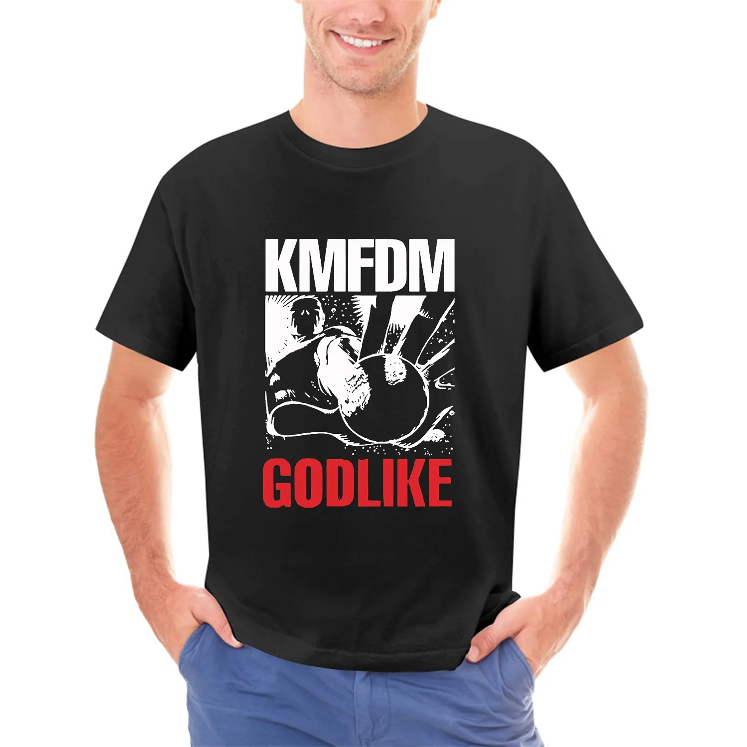 Мужская приталенная футболка KMFDM, похожая на Богу, Черная 3D футболка, мужские хлопковые топы, футболка, Мужская футболка, мода 2018, новинка