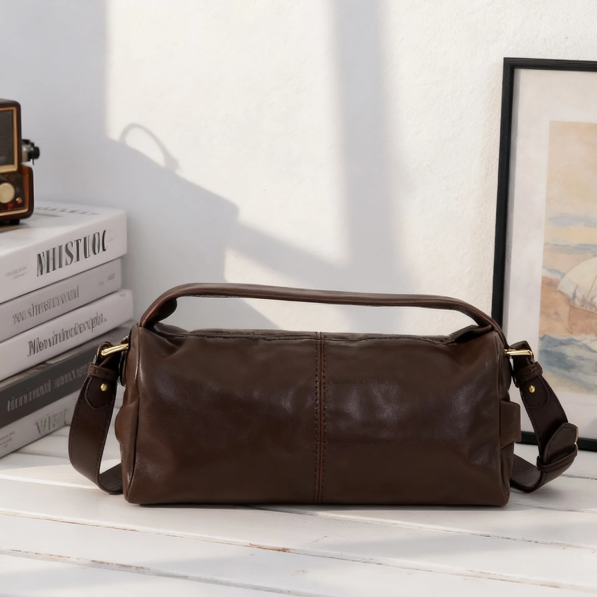 خمر بوسطن وسادة حقيبة الطبقة العليا جلد البقر الخضار المدبوغة الجلود المتشرد حقيبة يد المرأة الفاخرة واحدة الكتف حقيبة كروسبودي