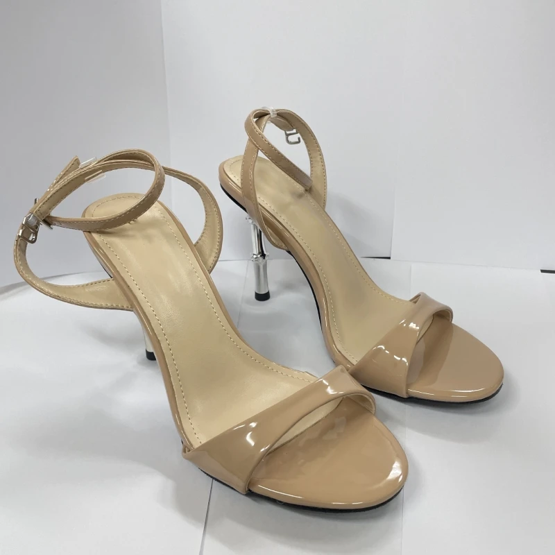 

New Summer Women's High Heel Sandals Round Head High Heels Patent Leather Thin Open Toe One-strap Sandals