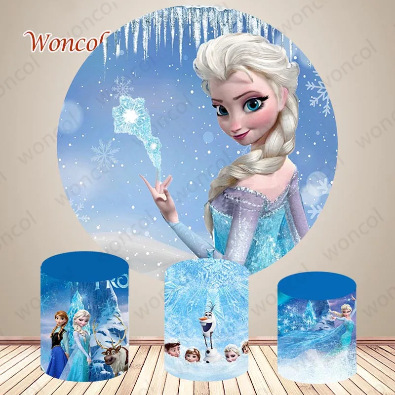 

Frozen Elsa Princess Round Backdrop Happy Birthday Photo Backdrop Disney Princess Theme Round Cylinder Cover Photo Studio Props