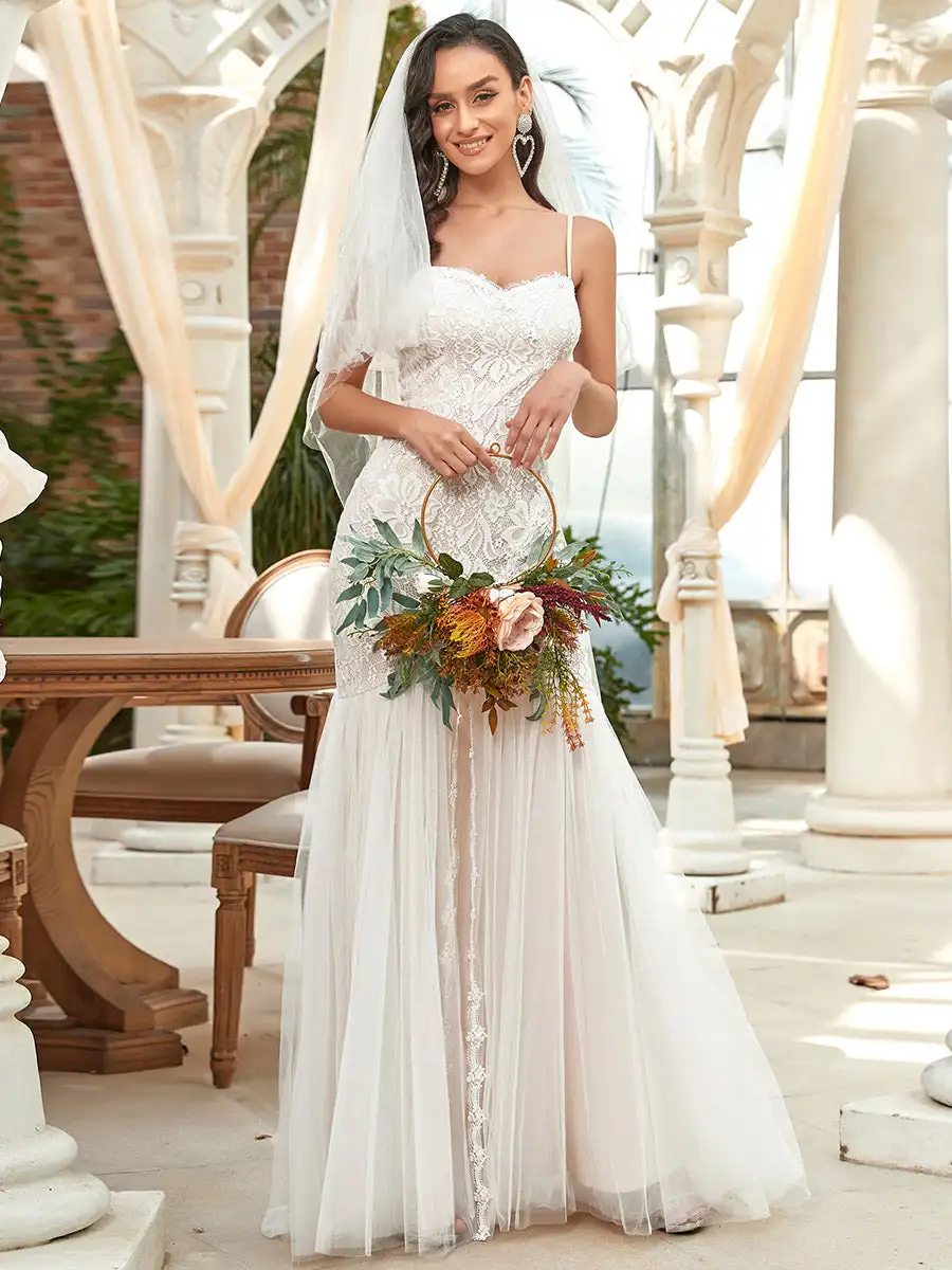 Eleganti abiti da sposa scollo a cuore spalline sottili 2024 mai bella di pizzo coda di pesce silhouette crema abito da sposa donna