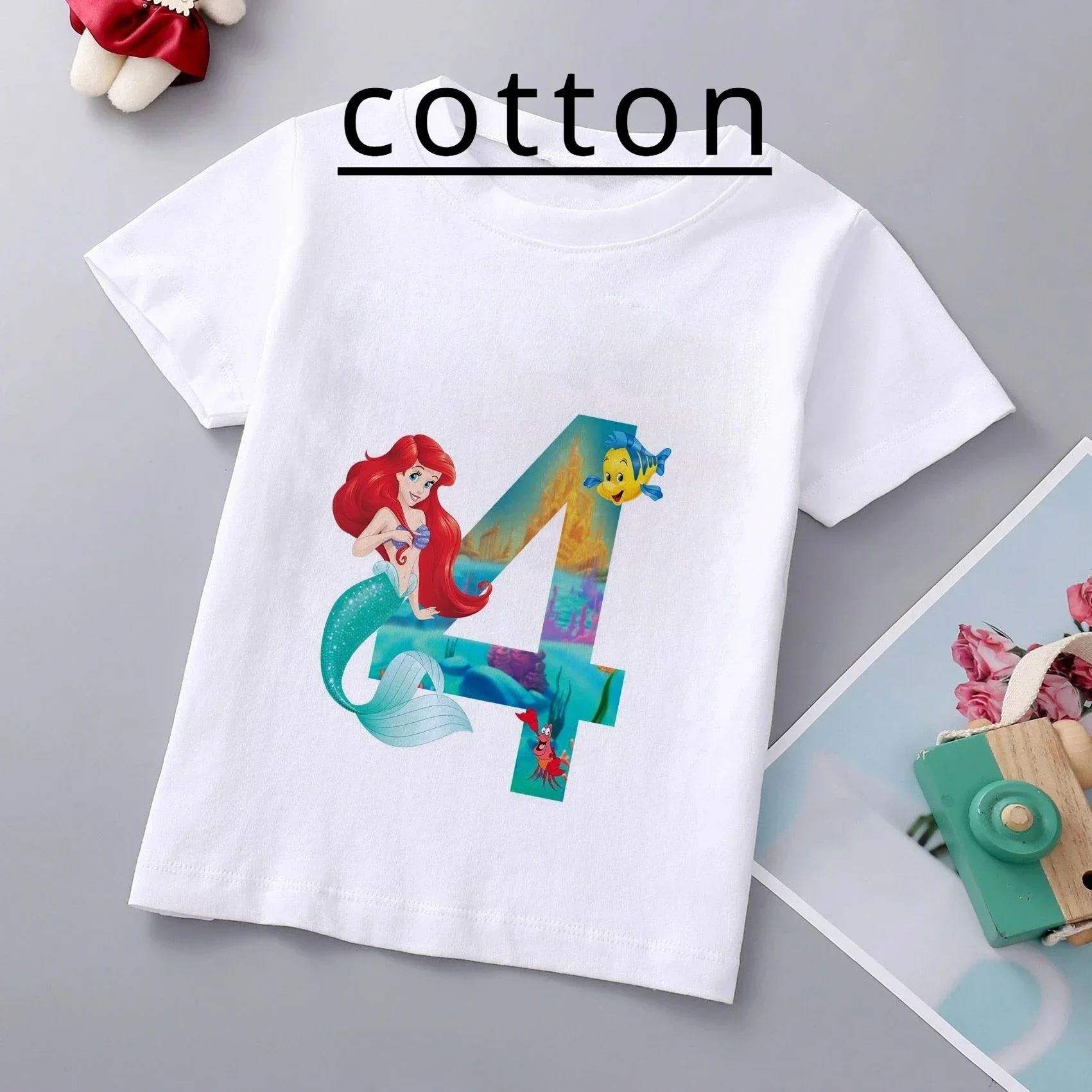 1-9 anni sirena Ariel principessa bambini T-Shirt in cotone Disney Girls Birthday Numble Summer Baby Tee Kid Clothes Cartoon Top