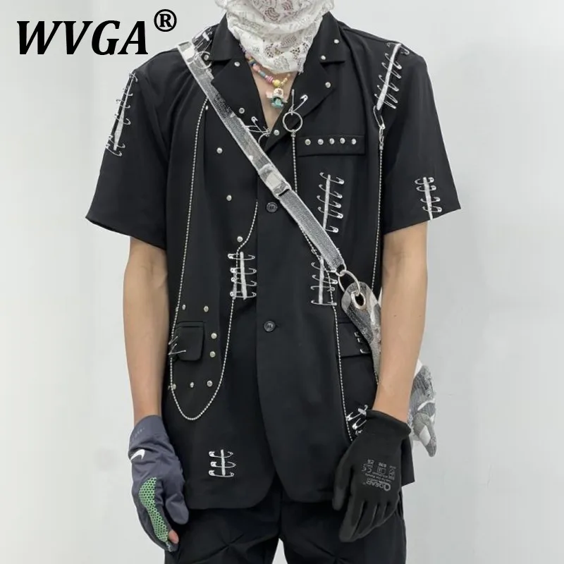 

WVGA Весна Лето Новые мужские рубашки Tide High Street Pin Chain Design Модные рубашки с короткими рукавами Niche Chic Повседневная рубашка Ins Y2K W9323