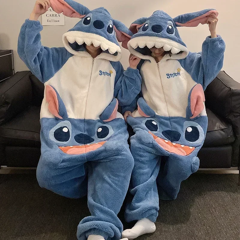 Cartoon Lilo&Stitch Couple One-Piece Pajama Disney Winter Coral Fleece Thermal Hooded Pullover Men's Loungewear Women's Pajama