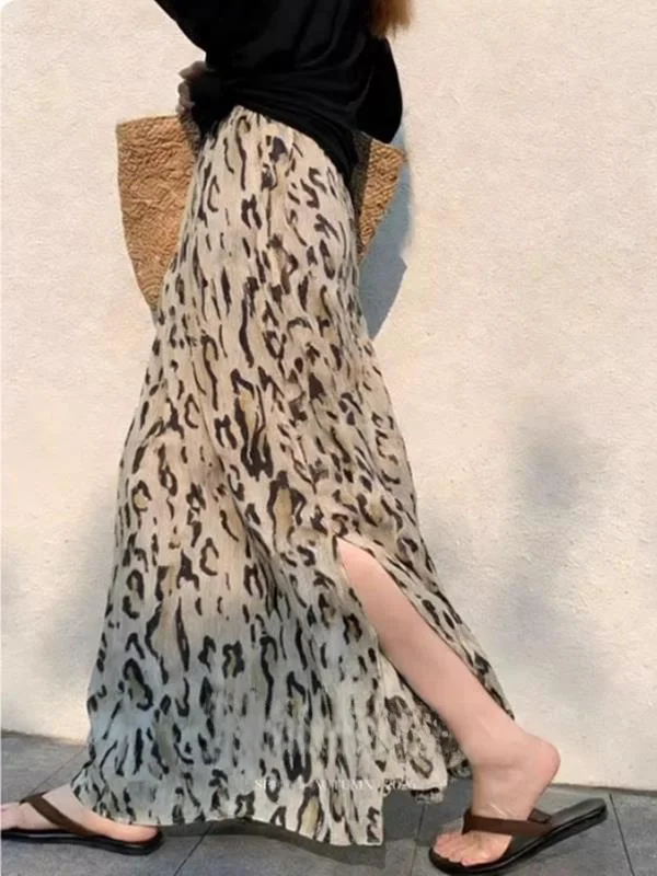 Stunning High Waist A-Line Skirt Printed Leopard Pattern Split Design Beach Vacation Women's Fashion Spring Season Commute