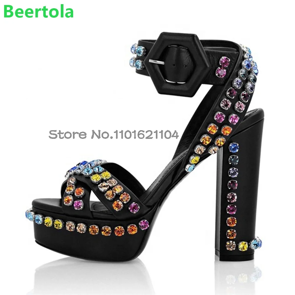 Square Heel Platform Crystal Luxury Sandals For Female Women 2024 Summer New Round Toe Ankle Buckle Strap Slingback Dress Shoes