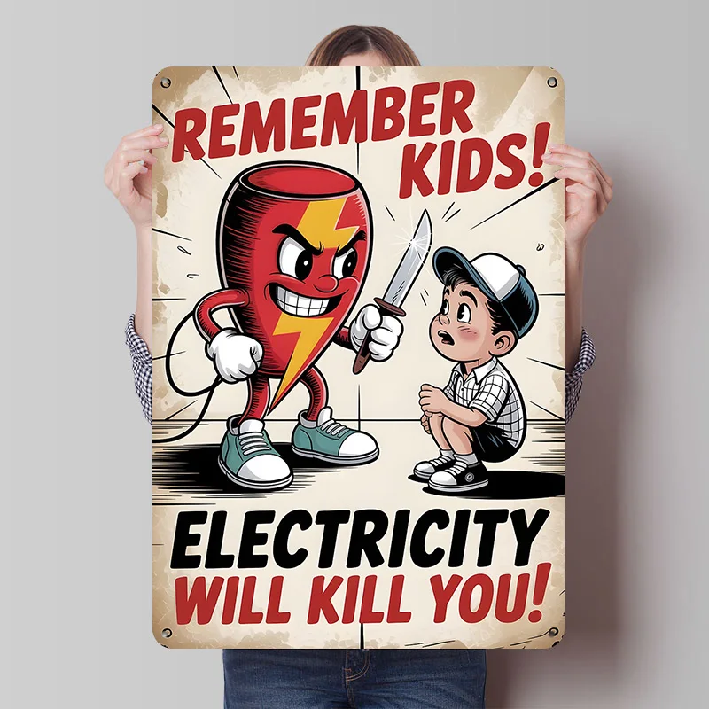 Electricity Safety Cartoon Poster Customized Vintage Metal Signs Wall Art Retro Tin Plaque for Decoration Home Decor Accessories